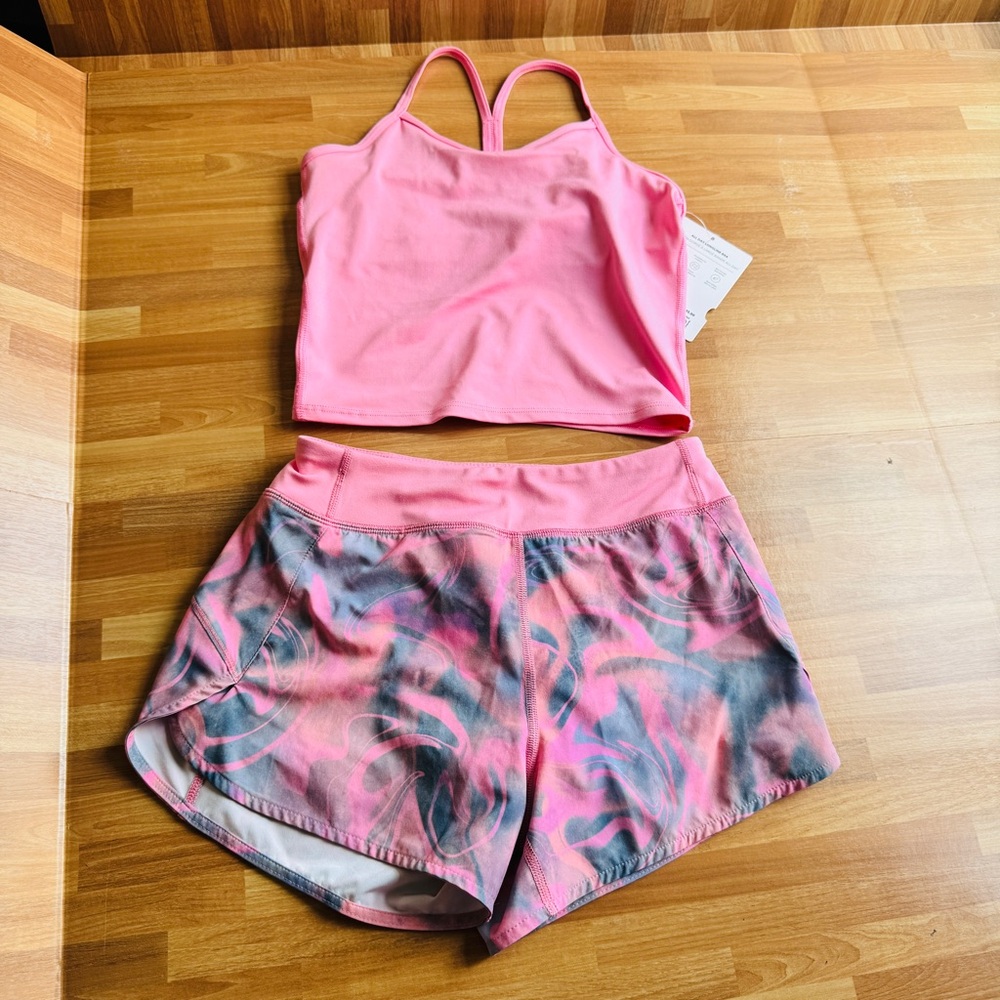 Athleta girl all day longline bra and short set pink and blue NWT size 8/10